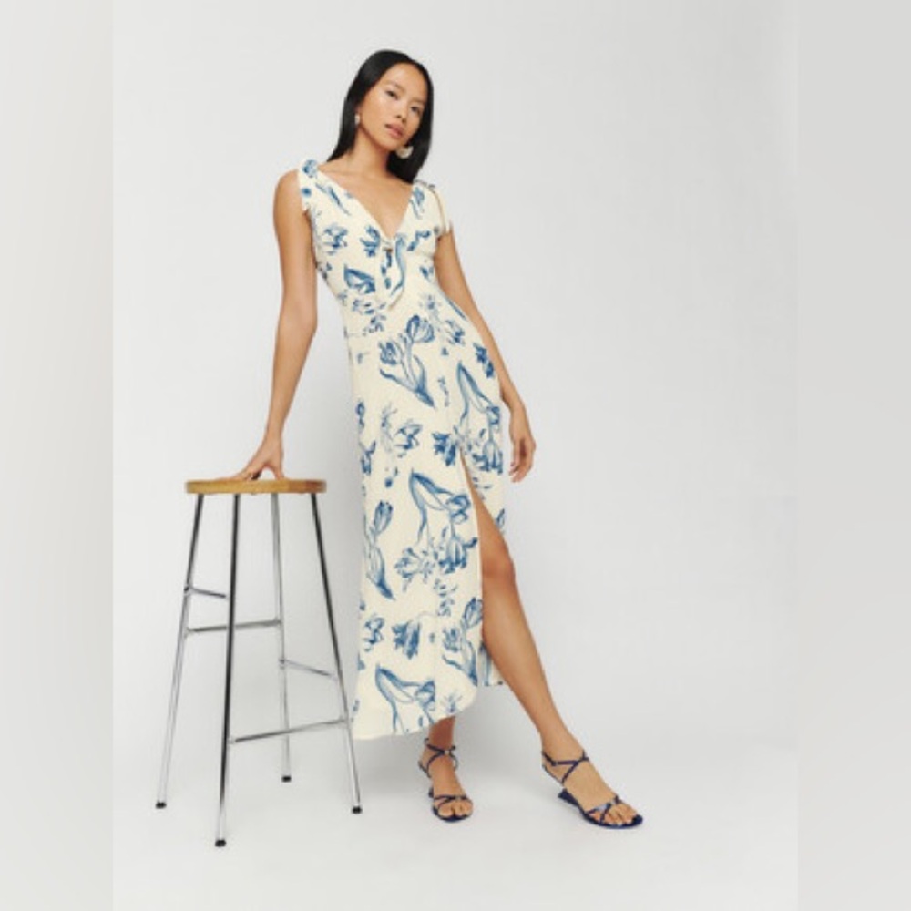 Reformation Harper Dress, XS, Cream and blue